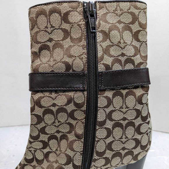 Coach Khaki & Brown Jacquard Signature Logo Bibi Mid Calf Boots - size 5.5M NWT